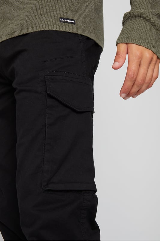 Upgrade your casual wardrobe with these on-trend cargo-style trousers from Threadbare. Cut in a slim fit, these trousers contain a little stretch for comfort. Featuring a cargo pocket on each leg and front and back pockets, you're fully kitted out. Belt loops and a button and zip fly finish this easy-to-style pair. Throw on a casual hoodie and a padded gilet for an off-duty look.