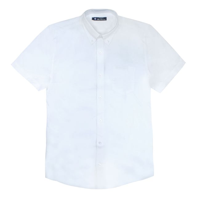 Ben Sherman Script Embroidery Plain Oxford Short Sleeve Mens White Shirt 0066952
