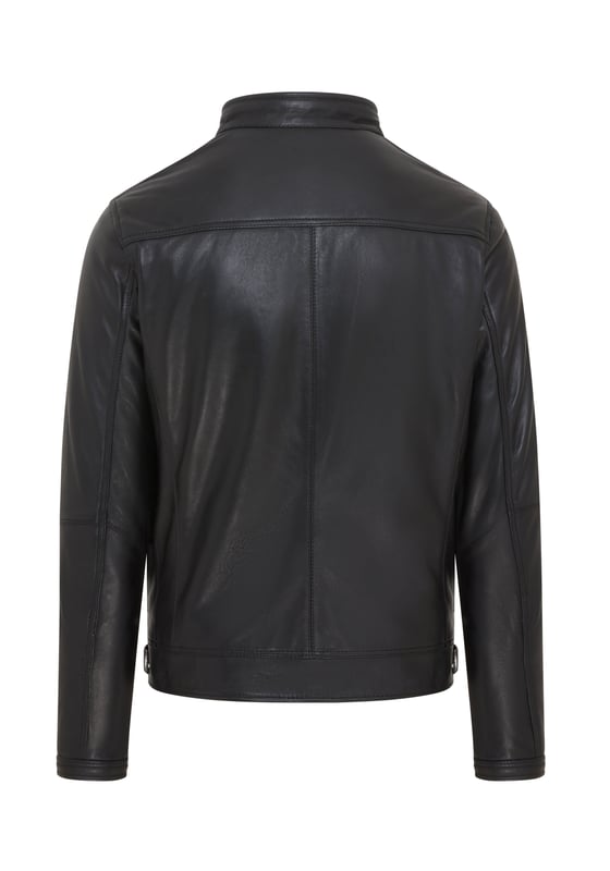 This men's café racer biker jacket, crafted from luxurious lamb soft nappa leather, is the perfect blend of retro style and modern functionality. It features bold white and navy blue stripes for a striking look, paired with durable craftsmanship for lasting wear. Designed for convenience and practicality, the jacket includes two external zipped pockets, two inner pockets, a secure collar button, and a smooth front zip closure. Whether for casual outings or motorcycle adventures, this jacket is a timeless essential for your wardrobe.

Made from premium lamb soft nappa leather for durability and comfort.
Bold white and navy blue stripes add a vintage-inspired flair.
Two external zipped pockets and two inner pockets for ample storage.
Stand collar with button closure for a secure, stylish fit.
Durable front zip closure for easy wear.
Perfect for casual wear or motorcycle enthusiasts.