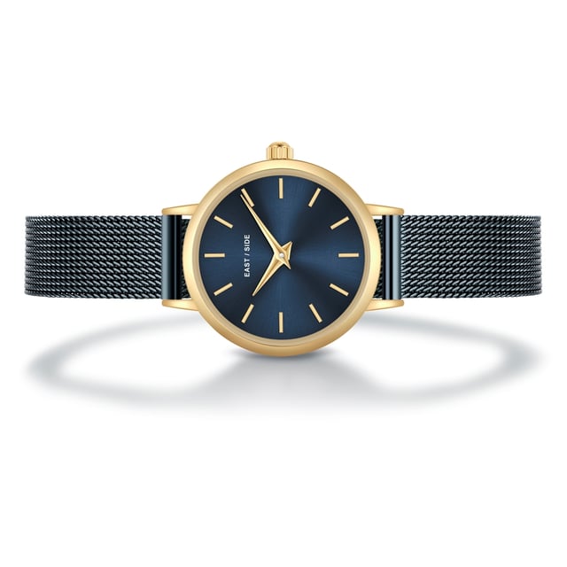 GENERAL INFORMATION:  • Targetgroup: Female  • Wristwatch: No Special Functions  • Display: analogue  • Weight of watch w/o box (gr.) - approx.: 24,0  MOVEMENT:  • Movement: Quartz  • Term of Movement: VC10  • Origin of movement: Japan  BRACELET:  • Material of bracelet/strap: Stainless steel  • Plating of bracelet/strap: Ion-Plating (IP)  • Finishing of bracelet/strap: Smooth  • Finishing/Decoration of bracelet/strap: None  • Clasp/Closure/Buckle: Slide Clasp  • Color of bracelet/strap: Blue  • Length of bracelet/strap (mm) approx.: 190,0  • Width of bracelet/strap (mm) approx.: 9,5  • Style/Design of bracelet/strap: Mesh band (Millanaise Style)  • Bracelet/strap adjustable?: No  CASE:  • Shape of case: Round  • Size/Diameter of case in mm . approx.: 24,0  • Height of case in mm: 7,6  • Case material: Metal (Alloy)  • Surface of case: Polished  • Bezel/Topring: Fixed  • Finishing/Decoration of case: None  • Material of case back: Stainless steel  • Lock of case back: No screwed-in crown  • Color of case: Yellowgold  • Coating/Plating (Case): Ion-Plating (IP)  • Type/Form of crystal: Flat  • Material of crystal: Mineral crystal  • Water resistant (ATM): 3  DIAL:  • Size jewelry care cloth: Hour, Minute  • Indices: Line indices  • Material of dial: Brass  • Structure/pattern of dial: Flat  • Color of dial: Blue  PUSHER, CROWN, HAND:  • Pusher: None  • Corrector: No  • Crown: No screwed-in crown  • Type of hands: Dauphine hands  • Luminescent (hands): No  PACKAGING & SCOPE OF DELIVERY:  • Box: Yes  • Service booklet: Yes  • Manual: Yes