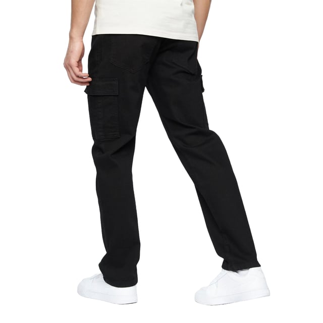 98% Cotton, 2% Elastane. Design: Plain. Pockets: 2 Side Pockets, 2 Back Pockets, 1 Coin Pocket, 2 Thigh Pockets, Flap Closure. Fastening: Zip Fly. Belt Loops. Fit: Loose.