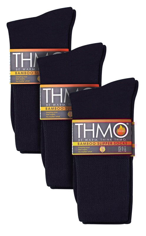 Bamboo Thermal Socks by THMO bring you the highest level of comfort with these soft, natural bamboo socks. Made from organic cotton yarn and super soft bamboo fibres, these socks provide comfort and warmth all day long.The high quality bamboo offers a softer and luxurious feel on your feet, helping you to stay relaxed and comfortable especially during the winter months. These anti slip grip socks have been designed to prevent you from slipping on surfaces such as hard wooden floors or kitchen tiles. The dotted design on the foot of the sock is simple but effective.Bamboo fibres are thermo-regulating, which help your feet stay warm during the cold months of Winter. The thermal properties in these socks provide an extra layer of insulation, allowing your feet to stay warm.These socks have a stretchy comfort top that moulds to your leg to reduce constriction rings and tightness, which allows for regular circulation. As well as all day comfort, these socks feature a cushioned foot bed providing your feet with an extra layer of support.These socks come in a pack of three and are available in Black. Made From 43% Viscose (From Bamboo), 40% Organic Cotton, 12% Polyester, 3% Polyamide, 2% Elastane, they are available in sizes 4-8 UK, 6-11 UK & 12-14 UK and are Machine Washable at 40.