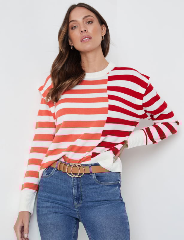 KATIES Womens Jumpers Cardigans White Red Multi Stripe