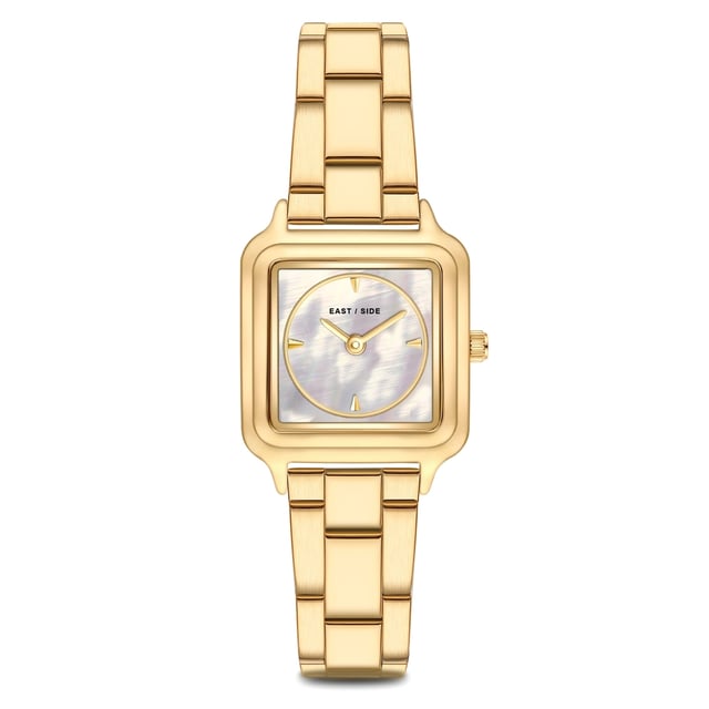 GENERAL INFORMATION:  • Targetgroup: Female  • Wristwatch: No Special Functions  • Display: analogue  • Weight of watch w/o box (gr.) - approx.: 59,0  MOVEMENT:  • Movement: Quartz  • Term of Movement: 2025  • Origin of movement: Japan  BRACELET:  • Material of bracelet/strap: Stainless steel  • Plating of bracelet/strap: Ion-Plating (IP)  • Finishing of bracelet/strap: Smooth  • Finishing/Decoration of bracelet/strap: None  • Clasp/Closure/Buckle: Security-folding clasp  • Color of bracelet/strap: Yellowgold  • Length of bracelet/strap (mm) approx.: 210,0  • Width of bracelet/strap (mm) approx.: 13,8  • Style/Design of bracelet/strap: Link bracelet  • Bracelet/strap adjustable?: Yes  CASE:  • Shape of case: Square  • Size/Diameter of case in mm . approx.: 25,0 x 32,0  • Height of case in mm: 8,1  • Case material: Metal (Alloy)  • Surface of case: Polished  • Bezel/Topring: Fixed  • Finishing/Decoration of case: None  • Material of case back: Stainless steel  • Lock of case back: No screwed-in crown  • Color of case: Yellowgold  • Coating/Plating (Case): Ion-Plating (IP)  • Type/Form of crystal: Flat  • Material of crystal: Mineral crystal  DIAL:  • Size jewelry care cloth: Hour, Minute  • Indices: Line indices  • Material of dial: Mother of Pearl (MOP)  • Structure/pattern of dial: Flat  • Color of dial: Gold-colored  PUSHER, CROWN, HAND:  • Pusher: None  • Corrector: No  • Crown: No screwed-in crown  • Type of hands: Pole hand  • Luminescent (hands): No  PACKAGING & SCOPE OF DELIVERY:  • Box: Yes  • Service booklet: Yes  • Manual: Yes