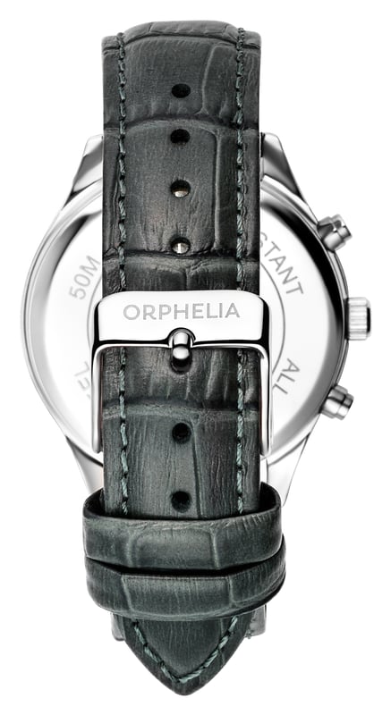 Dieser Orphelia Regal Chronograph für Damen ist die perfekte Uhr zum Tragen oder Verschenken. Ihr silbernes, rundes 38-mm-Gehäuse in Kombination mit dem bequemen grauen Lederarmband sorgt dafür, dass Sie diese atemberaubende Uhr ohne Kompromisse genießen können. Angetrieben von einem hochwertigen Quarzwerk und wasserdicht bis 5 Bar, tickt Ihre Uhr endlos. MODERNES LUXUSDESIGN: Dieser Orphelia Regal Chronograph mit japanischem Miyota-Quarzwerk verfügt über eine Datumsanzeige. Das Zifferblatt ist mit wunderschönen Steinen mit römischen Ziffern besetzt. Einige zusätzliche Features sind eine 24-Stunden-Anzeige und Leuchtzeiger. Diese Uhr verleiht Ihnen einen luxuriösen Look. PREMIUM-QUALITÄT: Durch die Verwendung hochwertiger Materialien – Glas: Mineralglas, Gehäusematerial: Edelstahl, Armbandmaterial: Krokodilgeprägtes Leder – Wasserdicht: 5 Bar KOMPAKTE GRÖSSE: Gehäusedurchmesser: 38 mm, Höhe: 10 mm, Armbandlänge: 22 cm, Breite: 17 mm. Durch diese praktische handliche Größe ist die Uhr absolut alltagstauglich-Gewicht: 44 g