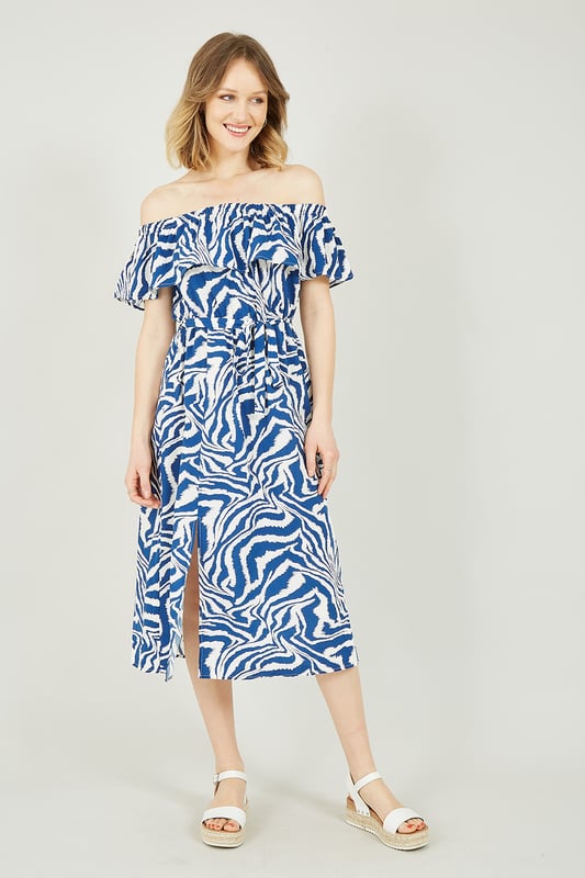 Blue and shop white bardot dress
