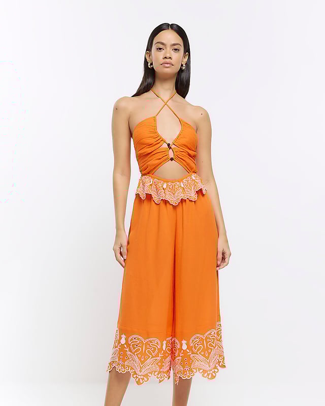 Cotton fabric, Cut out design, Halter neck, Sleeveless, Midi length, Our model wears a UK 8 and is 175cm/5'9'' tall