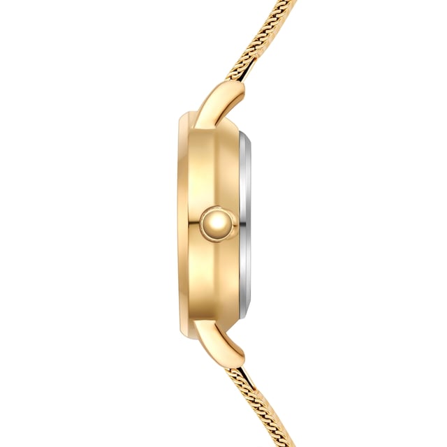 GENERAL INFORMATION:  • Targetgroup: Female  • Wristwatch: No Special Functions  • Display: analogue  • Weight of watch w/o box (gr.) - approx.: 24,0  MOVEMENT:  • Movement: Quartz  • Term of Movement: VC10  • Origin of movement: Japan  BRACELET:  • Material of bracelet/strap: Stainless steel  • Plating of bracelet/strap: Ion-Plating (IP)  • Finishing of bracelet/strap: Smooth  • Finishing/Decoration of bracelet/strap: None  • Clasp/Closure/Buckle: Slide Clasp  • Color of bracelet/strap: Yellowgold  • Length of bracelet/strap (mm) approx.: 190,0  • Width of bracelet/strap (mm) approx.: 9,5  • Style/Design of bracelet/strap: Mesh band (Millanaise Style)  • Bracelet/strap adjustable?: No  CASE:  • Shape of case: Round  • Size/Diameter of case in mm . approx.: 24,0  • Height of case in mm: 7,6  • Case material: Metal (Alloy)  • Surface of case: Polished  • Bezel/Topring: Fixed  • Finishing/Decoration of case: None  • Material of case back: Stainless steel  • Lock of case back: No screwed-in crown  • Color of case: Yellowgold  • Coating/Plating (Case): Ion-Plating (IP)  • Type/Form of crystal: Flat  • Material of crystal: Mineral crystal  • Water resistant (ATM): 3  DIAL:  • Size jewelry care cloth: Hour, Minute  • Indices: Line indices  • Material of dial: Brass  • Structure/pattern of dial: Flat  • Color of dial: White  PUSHER, CROWN, HAND:  • Pusher: None  • Corrector: No  • Crown: No screwed-in crown  • Type of hands: Dauphine hands  • Luminescent (hands): No  PACKAGING & SCOPE OF DELIVERY:  • Box: Yes  • Service booklet: Yes  • Manual: Yes