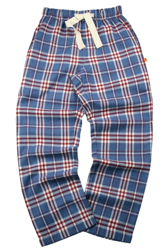Unisex Lounge pant Pyjama Trouser in Mid blue, Red and White woven check design. 100% Cotton soft brushed woven check fabric. Elastic waist and side pockets. Jersey inner waistband for comfort and an extra drawcord. machine washable. wear them with your favourite T-shirt for that perfect lounge wear outfit.