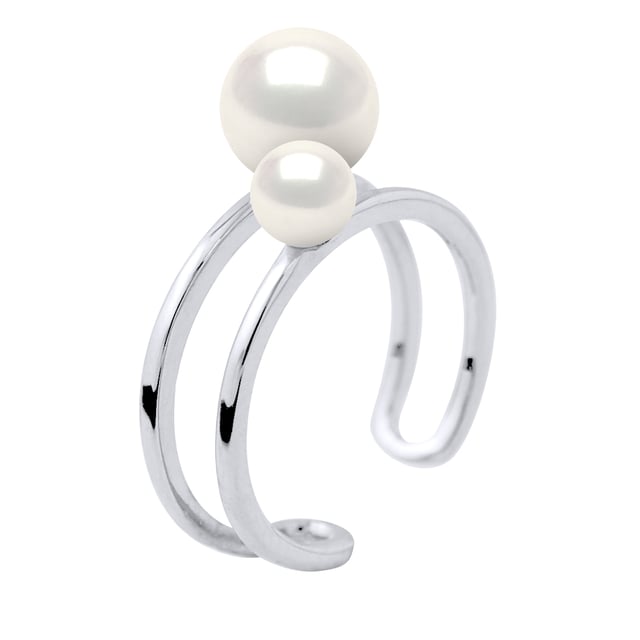 Ring Duo aus 2 echten Süßwasser-Zuchtperlen 5-6 und 8-9 mm , 0,31 in ; 0,20 in und 0,35 in - Natürliche weiße Farbe 925 Sterling Silber rhodiniert Größe erhältlich von 48 bis 62 , J bis U - Unser Schmuck wird in Frankreich hergestellt und wird in einer Geschenkbox mit einem Echtheitszertifikat und internationaler Garantie geliefert