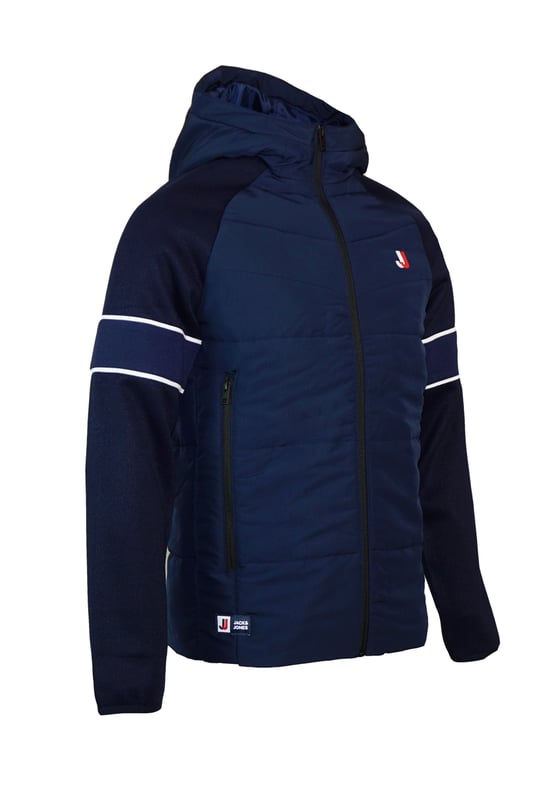 Veste matelassée sportive avec capuche, poches latérales zippées et logo imprimé en coupe régulière.