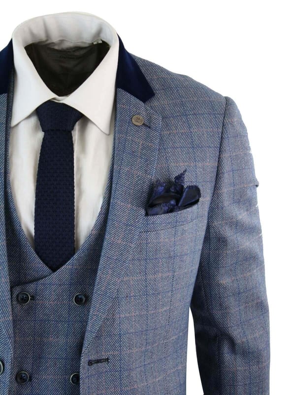 The Hilton suit adds a splash of colour to your ensemble. It combines pastel blue and blush pink to create a vintage style check weaved into a durable tweed style fabric. Navy blue is also worked in to the suit with velvet trims. elbow pads and collar to make it stand out. A superb check three piece perfect for both weddings and christenings - Note: The waistline of the pants is 15cm smaller than the corresponding size of the jacket. For example, a 34'' coat + 28'' pants, a 36'' coat + 30'' pants, a 38'' coat + 32'' pants, a 40'' coat + 34'' pants, a 42'' coat + 36'' pants, 44'' jacket + 38'' pants, 46'' jacket + 40'' pants, 48'' jacket + 42'' pants, 48'' jacket + 44'' pants, and 52'' jacket + 46'' pants.