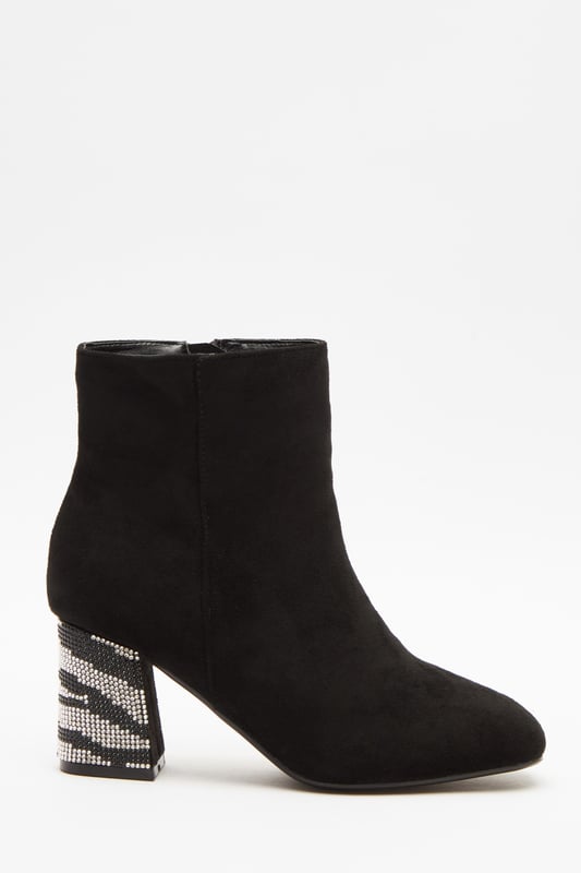 Sock Boots Block Heel Black Ankle Boots With Gems Wide Fit Black