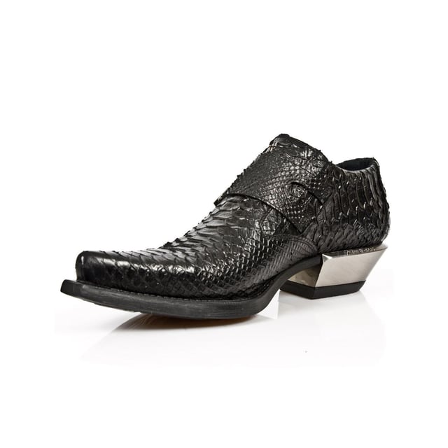 Part of the iconic West collection, these shoes pair the formal dress silhouette with a retro Western design that results in a truly unique and stylish piece. The shoe is made eye catching by the introduction of a snakeskin textured upper which highlights the prestigious quality of the cow hide leather New Rock uses here. For added character, metallic features are implemented at the straps in the form of buckles and at the heel where steel is used to create a dazzling appearance. , Heel Height - 4cm, Platform Height - 1cm, Shaft Height - 7cm, Outer Material - Cow Hide Leather