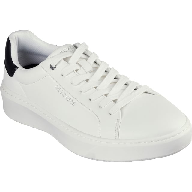 Elevate your wardrobe and look sharp with the comfortably versatile Skechers Court Break - Suit Sneaker. This lace-up features a synthetic duraleather upper with fixed stretch laces and a cushioned Skechers Air-Cooled Memory Foam comfort insole.