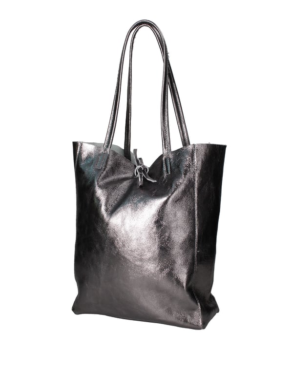 Bolso shopper para mujer. El cierre es con cordón de piel. Los bolsillos internos son uno con cremallera. Los bolsillos externos están ausentes. Falta la correa para el hombro. El mango es de piel. Hay un compartimento interno. El material exterior es piel auténtica laminada. Internamente está forrado en tejido 70% algodón - 30% poliéster. Medidas: 40x36x11 cm. Hecho en Italia