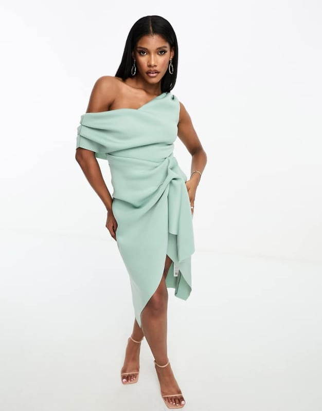 ASOS DESIGN fallen shoulder manipulated tuck midi pencil dress in frosty  sage-Green