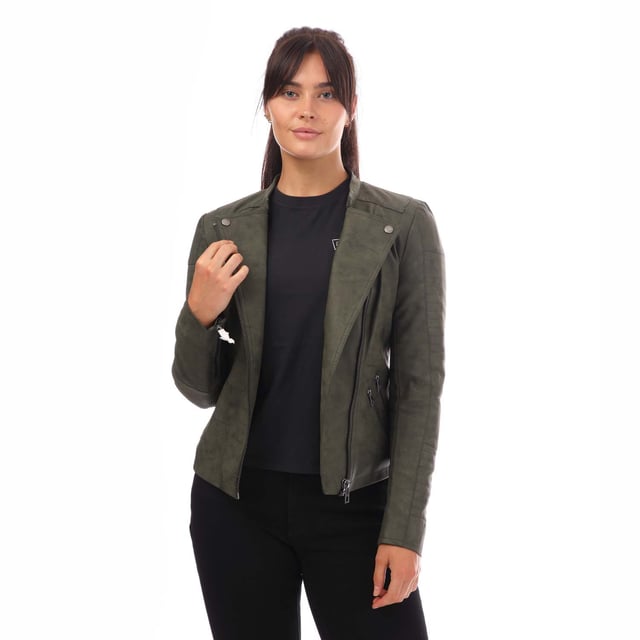 Womens Only Ava Faux Leather Jacket in green.- Biker collar.- Asymmetrical zip fastening.- Side pockets with zip fastening.- Mock zip detail at chest and above left pocket.- Snap fastening at lapels.- Stitch detail at shoulders and sleeves.- Zipped cuffs.- Fully lined.- Tight fit.- 85% Polyester  15% Cotton.- Ref: 15102997E