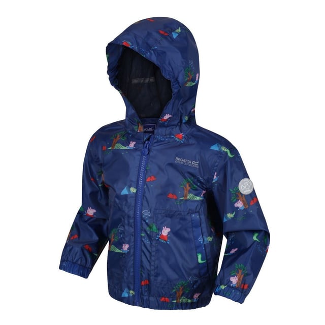 Regatta Childrens/Kids Muddy Puddle Peppa Pig Hooded Waterproof Jacket (Royal Blue) Material: 100% Polyester. Lining: Comfort, Mesh, Polyester, Taffeta. Fabric: Hydrafort. Design: Badge, Cartoon, Leaf Print, Mountain, Trees. Trim: Reflective. All-Over Print, Printed Name label, Taped Seams. Fabric Technology: DWR Finish, Waterproof. Cuff: Elasticated. Neckline: Hooded. Sleeve-Type: Long-Sleeved. Hood Features: Elasticated, Grown On Hood. Pockets: 2 Lower Pockets. Fastening: Full Zip. Hem: Elasticated. 100% Officially Licensed. Characters: Peppa Pig.