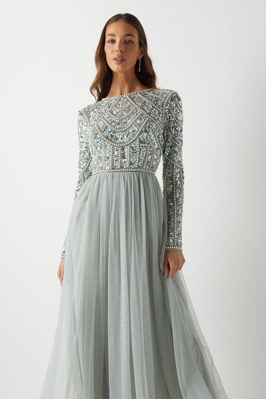 Pearl Embellished Bodice Bridesmaids Tulle Skirt Dress