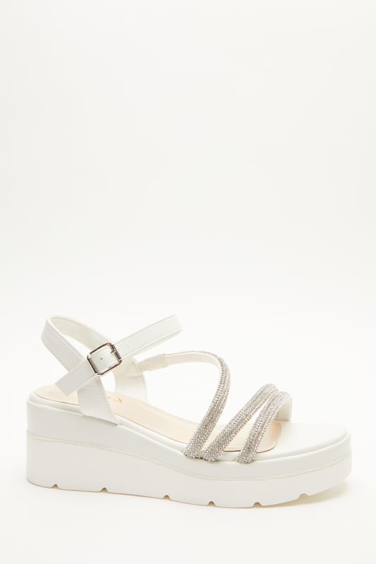 White Faux Leather Diamante Wedges