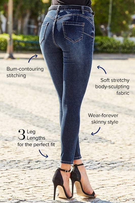 REASONS TO BUY:It's impossible not to feel amazing in themAvailable in three leg lengthsSoft-stretch body-sculpting fabricClassic skinny style chic indigo washDress them up or downInside leg to fit: Short - 29 | Regular - 31" | Long - 33"