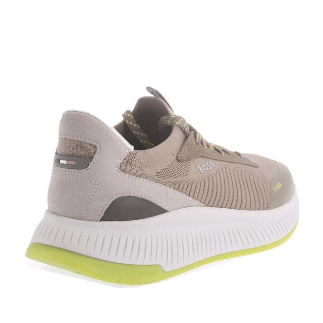 rafted in a combination of materials  including leather trims  these running-style BOSS Menswear trainers strike a distinctive profile. Lightweight ridged outsole. Knitted uppers for enhanced comfort and fit. This product contains at least 60% better raw materials. This product is partly created with recycled polyester. We at HUGO BOSS prefer recycled polyester from pre- and post-consumer textile waste and do our best to phase out polyester from PET bottles.