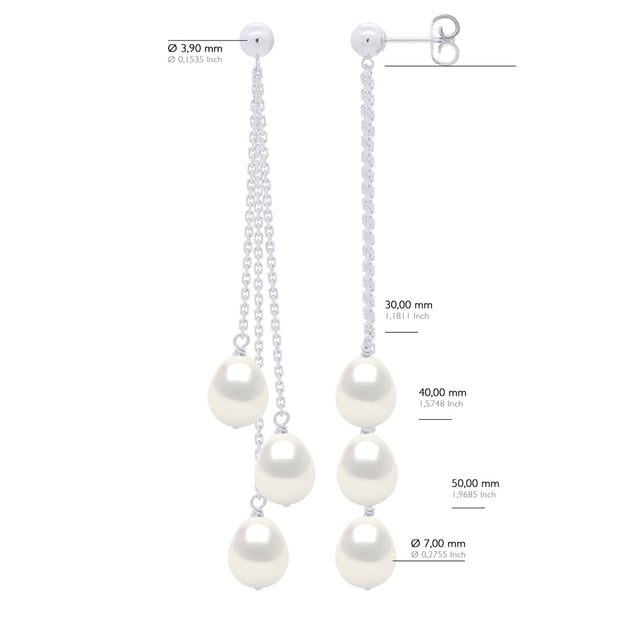 Earrings Trio - 3 Real Cultured Freshwater Pearls Pear 7-8 mm - COLOR NATURAL PEARL WHITE - Butterfly Clasp and Chainlets White Gold - Delivered with Certificate of Authenticity and International Guarantee - MADE IN FRANCE