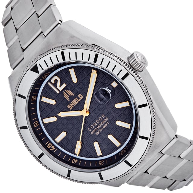 Band Color: Silver Stainless Steel; Band Width: 24mm near case; 20mm near clasp/buckle; Bezel Color: Silver; Case: Silver + Circle-Shaped; Case Finish: Brushed + Stainless Steel; Case Thickness: 13mm; Case Width: 46mm; 49mm with Crown; Clasp / Buckle: Fold Over Push Button Deployment; Dial: Black + Analog; Hand Color: Gold; Movement: Swiss + Quartz; Time Zones: Single; Water Resistance: 20 ATM.