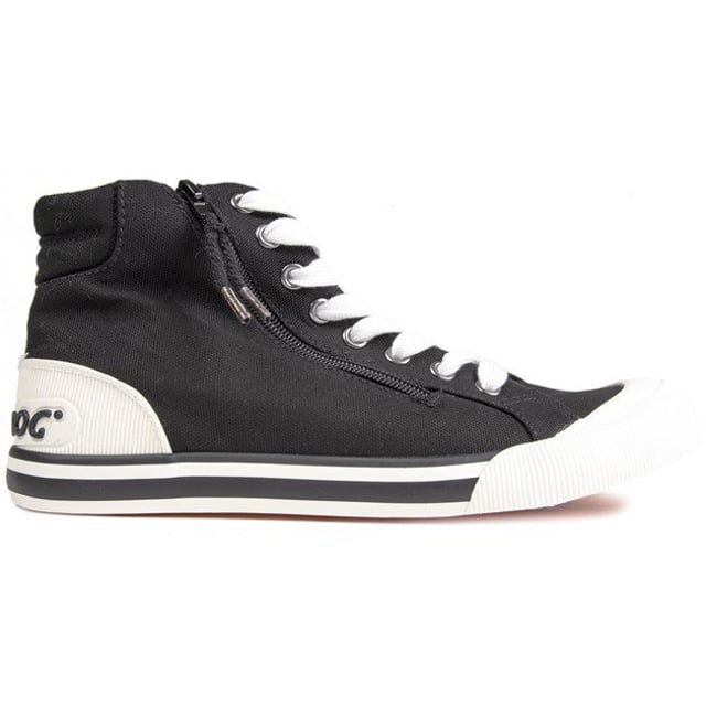 Dale vida a tu guardarropa con estas atrevidas zapatillas altas de Rocket Dog. Confeccionado con una suave tela de lona negra. este par cuenta con una plantilla de espuma acolchada. puntera de goma icónica. Jaula de talón de goma de marca y marca. Cremallera decorativa para un look moderno.