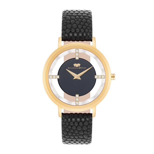 Do you love extravagant watches? Then this women's model from Rhodenwald & Söhne should not be missing in your collection: Reduced functionality combines with a modern interpretation of the skeleton look of traditional watchmaking to an eye-catcher on the wrist. A touch of skin shimmers between the dial and the bezel, bridged by four line indices, decorated with crystals from Swarovski®. The Sunray dial with Dauphine Zehern ensures a fascinating play of light. A scratch-resistant stainless steel housing with yellow gold cladding and a high-quality real leather strap with trendy carbon embossing complete the premium equipment.