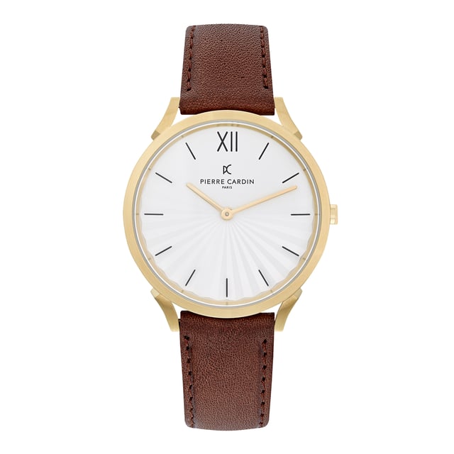 This Pierre Cardin Pigalle Plissée Analogue Watch for Unisex is the perfect timepiece to wear or to gift. It's Gold 40 mm Round case combined with the comfortable Brown Leather watch band will ensure you enjoy this stunning timepiece without any compromise. Operated by a high quality Quartz movement and water resistant to 3 bars, your watch will keep ticking. This casual and modern watch is perfect for all kind of casual activities, indoor activities or daily use, it's also a great gift for family and friend. High quality 21 cm length and  18 mm width Brown Leather strap with a Buckle Case diameter: 40 mm,case thickness: 6.55 mm, case colour: Gold and dial colour: White