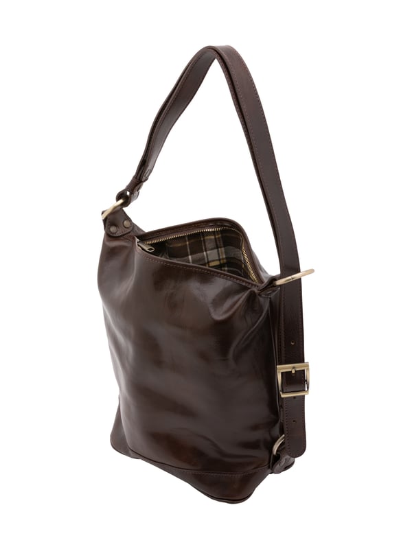 Damen-Beuteltasche mit Reißverschluss. eine mit Reißverschluss-Innentaschen. fehlende Außentaschen. verstellbarer Schultergurt aus Leder. fehlender Griff. ein Innenfach.  Außenmaterial. Innen mit Baumwolle gefüttert. Maße: 34x33x15 cm. Hergestellt in Italien