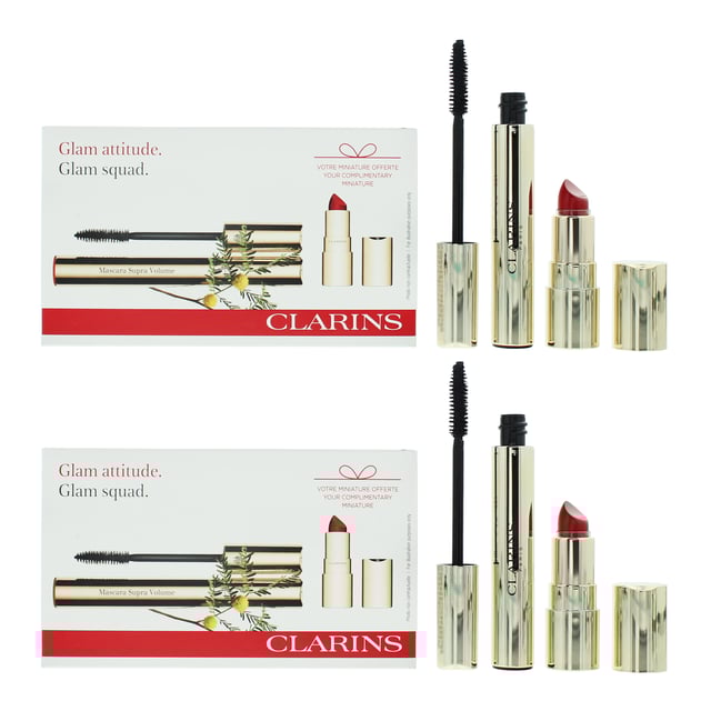 The Clarins Glam Squad 2 Piece Gift Set is a perfect duo of makeup essentials to add glamour and sophistication to your look. This set includes a Supra Volume Mascara and a Mini Lipstick in a vibrant red shade, offering the perfect combination for creating stunning eye and lip makeup. Supra Volume Mascara is designed to give your lashes instant volume and intensity. Its unique formula coats each lash from root to tip, creating a dramatic and voluminous effect. The brush is specifically designed to separate and lift the lashes, providing a wide-eyed and captivating look.