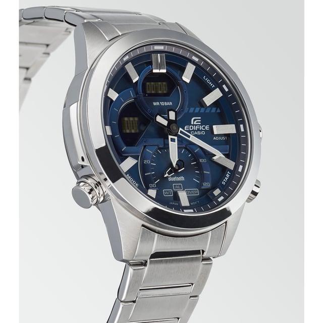 This Casio Edifice Analogue-Digital Watch for Men is the perfect timepiece to wear or to gift. It's Silver 46 mm Round case combined with the comfortable Silver Stainless steel watch band will ensure you enjoy this stunning timepiece without any compromise. Operated by a high quality Quartz movement and water resistant to 10 bars, your watch will keep ticking. This fashionable, classic watch is a perfect gift for New Year, birthday,valentine's day and so on -The watch has a calendar function: Day-Date, Bluetooth, Stop Watch, Worldtime, Alarm, Light High quality 21 cm length and 21 mm width Silver Stainless steel strap with a Fold over with push button clasp Case diameter: 46 mm,case thickness: 13 mm, case colour: Silver and dial colour: Blue
