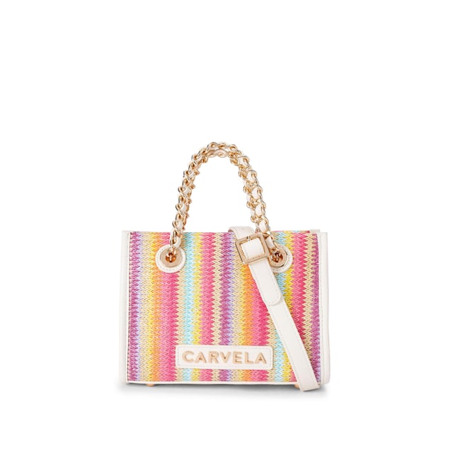 This Carvela Mini Leila Raffia Tote bag Is crafted from a rainbow striped woven raffia. There are two smaller gold chain straps on top of the bag and an optional cross body strap. Dimensions: 17cm (H), 20cm (L), 9cm (D). Strap length: 127cm.