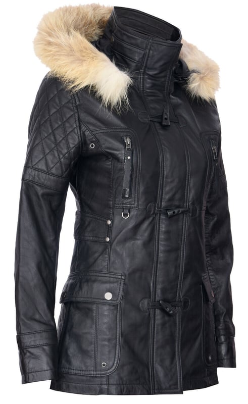 Elevate your winter wardrobe with our luxurious Women's Leather Diamond Quilted Parka Jacket, designed to add exuberance to your cold-weather outfits. Crafted from 100% premium ultra-soft nappa leather, this jacket offers a comfortable and luxurious feel. Here's what sets it apart:  
Diamond Quilting: The jacket features luxurious diamond quilting that adds a stylish texture to the ultra-soft leather, creating a unique and visually appealing design. 
Detachable Fur-Lined Hood: For extra warmth and a touch of class, the jacket comes with a detachable fur-lined hood, providing both comfort and style. 
High Funnel Collar: Below the hood, a high funnel collar shields against the wind and can be fastened with a traditional toggle closing, offering added protection and elegance. 
Multiple Pockets: This jacket offers practicality with two flap pockets at the waist and additional vertically running zipped pockets across the breast, ensuring you have ample storage space for your essentials. 
Quilted Detailing: Quilted detailing on the shoulders, back, and hood enhances the overall design, adding sophistication and warmth to the jacket.  This Women's Leather Diamond Quilted Parka Jacket is the perfect choice for those seeking both style and functionality in their winter attire