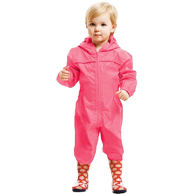Baby/kids rain suit. Waterproof. Breathable. Windproof. Taped seams. Integral hood. Reflective trim to front and back. Part-elasticated waist. Elasticated cuffs and hem. Lightweight. Fabric: 100% Polyester. Regatta Little Adventurers sizing (height approx): 6-12 Months (74-80cm), 12-18 Months (80-86cm), 18-24 Months (86-92cm), 24-36 Months (92-98cm), 36-48 Months (98-104cm), 48-60 Months (104-110cm), 60-72 Months (110-116cm).