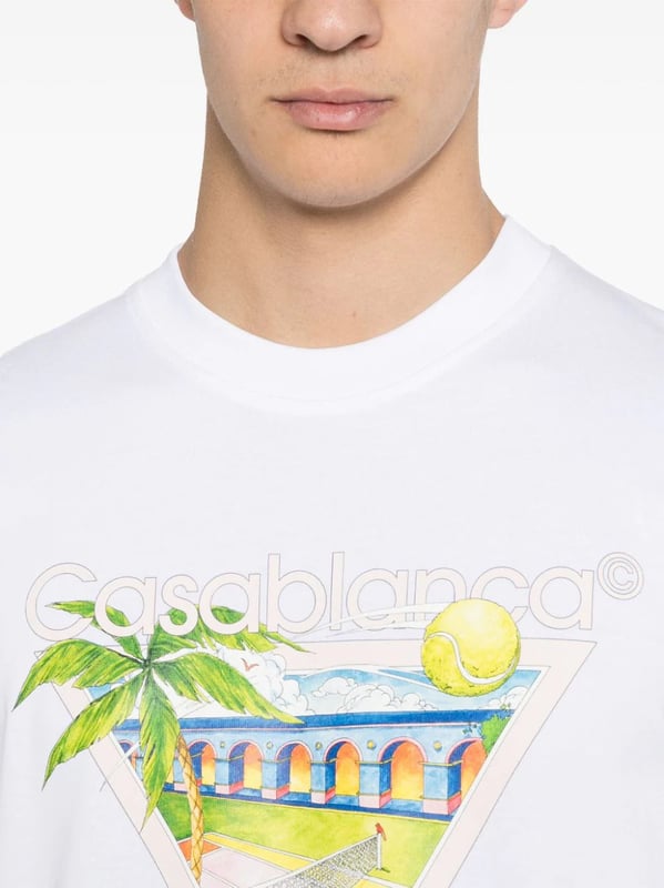 Casablanca's graphics often depict a fantastical world of sporty utopian scenes – the illustrative print on this organic cotton T-shirt portrays a Mexican-inspired landscape with a tennis court in the middle.