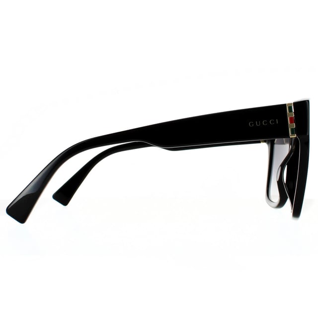 Gucci Square Womens Black Grey Gradient  Sunglasses Gucci are a feminine, oversized cat-eye style. They have a retro aesthetic and are made fully from glossy acetate. Signed off with the Gucci text logo and signature Gucci colors at the hinges.