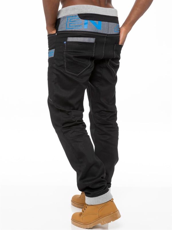 Enzo Mens Denim Cuffed Jogger Jeans Black/Blue