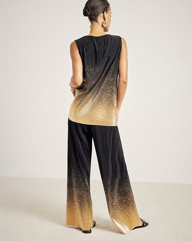 Plisse fabric, Ombre print, Foil embellishment, Wide leg, Elasticated waist