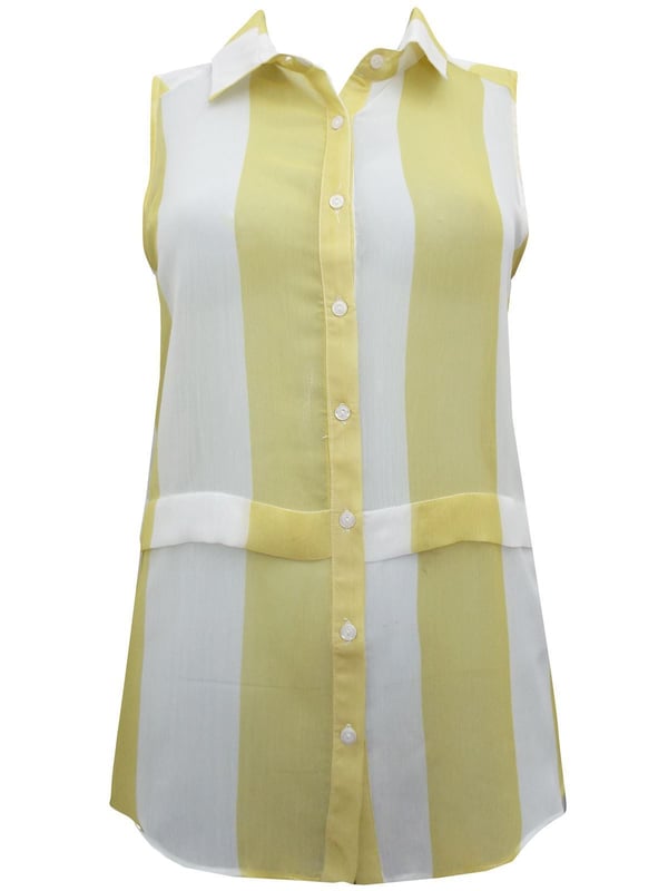 Button Front with Collar Neckline, Curved Hemline and tuck feature below waist. Lightweight Sheer Crepe Fabric, Sizing is as expected, Length: 27" Shoulder to Hem