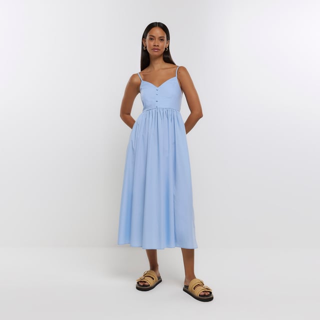 sally Porcelain Print Bandeau Skater Midi Dress - Blue