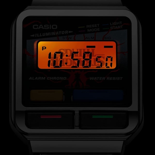 This Casio Casio Collection Vintage Stranger Things Digital Watch for Unisex is the perfect timepiece to wear or to gift. It's Grey  Rectangular case combined with the comfortable Black Plastic watch band will ensure you enjoy this stunning timepiece without any compromise. Operated by a high quality Quartz movement and water resistant to 3 bars, your watch will keep ticking. Step into an alternate dimension with an exclusive Casio collaboration inspired by the global megahit, Stranger Things. This Digital watch has a calendar function: Day-Date , Stop Watch , Alarm and Light High quality 20 cm length and 20 mm width Black Plastic strap with a Buckle Case measurement: 32 X 33 mm,case thickness: 9 mm, case colour: Grey and dial colour: Multicolour