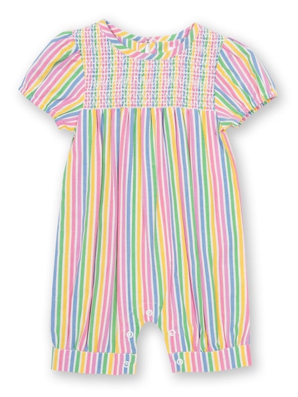 Sweetness and light! This colourful and breathable romper is perfect for sunny days. With soft gathered sleeves and smocking detail on the chest, it is both practical and pretty, and the perfect option for little crawlers, walkers and wrigglers! Match with the sweet stripe sun hat for the sweetest style this season.