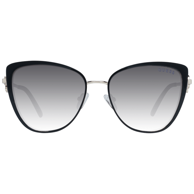 Guess Cat Eye Womens Black Grey Gradient GF6141  Sunglasses are a classy cat eye frame shape, exuding a sense of timeless elegance. The frame is crafted from high-quality metal, known for its durability and lightweight feel, ensuring long-lasting comfort throughout the day. Slender temples feature the Guess logo for a touch of sophistication.