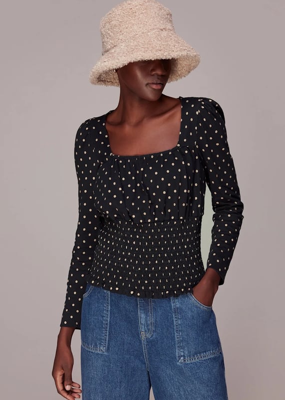 Elevate your weekend wardrobe with the Spot Square Top. This charming blouse features a flattering square neckline and long sleeves, adorned with playful polka dots. Crafted from 100% cotton for all-day comfort, its shirred bodice ensures a perfect fit. Versatile in black with multi-colored spots, it's a stylish pick for any casual outing.