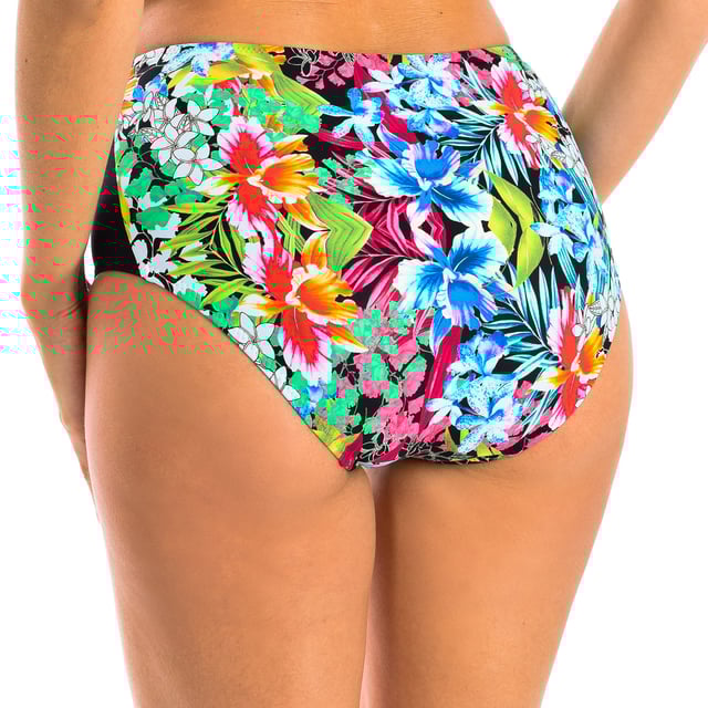 Women's high bikini briefs.
 Basic cut with fully lined bottoms and multicolored low-cut leg.
 Color Black-floral print
 Avant-garde fabric with high molding power, high resistance to chlorine, tanning creams and oils, and excellent moisture absorption properties.

 Composition: Exterior: 80% Polyamide, 20% Elastane; Interior: 73% Polyester, 18% Elastane, 9% Polyamide.

 Handwash.
 Do not iron or use bleach.
 Do not tumble dry.
 Do not twist to drain.
 Composition: Exterior: 80% Polyamide, 20% Elastane; Interior: 73% Polyester, 18% Elastane, 9% Polyamide.
 Care:
Handwash.
 Do not iron or use bleach.
 Do not tumble dry.
 Do not twist to drain.