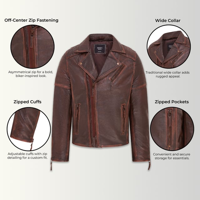 The centrepiece of a timeless look, this jacket is crafted with full grain nappa leather to achieve a slim fit stylish biker silhouette. Eye catching additions to this piece include ribbed detailing on the shoulders and a traditional wide collar. The front of the jacket is accented with a double zip and features a slanted zip pocket across the breast as well as a further two zip pockets. This jacket comes in a range of colours to suit a variety of tastes, allowing all to find their ideal style in this classic Brando style piece.

• 100% premium ultra-soft nappa leather.
• Slanted zip breast pocket • Double zip front, tagged for ease of use
• Wide notch stud fastened lapels
• Pockets integrated into the jacket lining
• Ribbed detailing on the shoulders
• Stylish zipped cuffs
